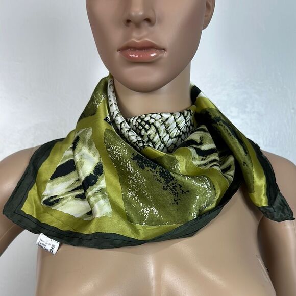 Green Silk Multi Print Hand Rolled Square Scarf - Picture 1 of 5
